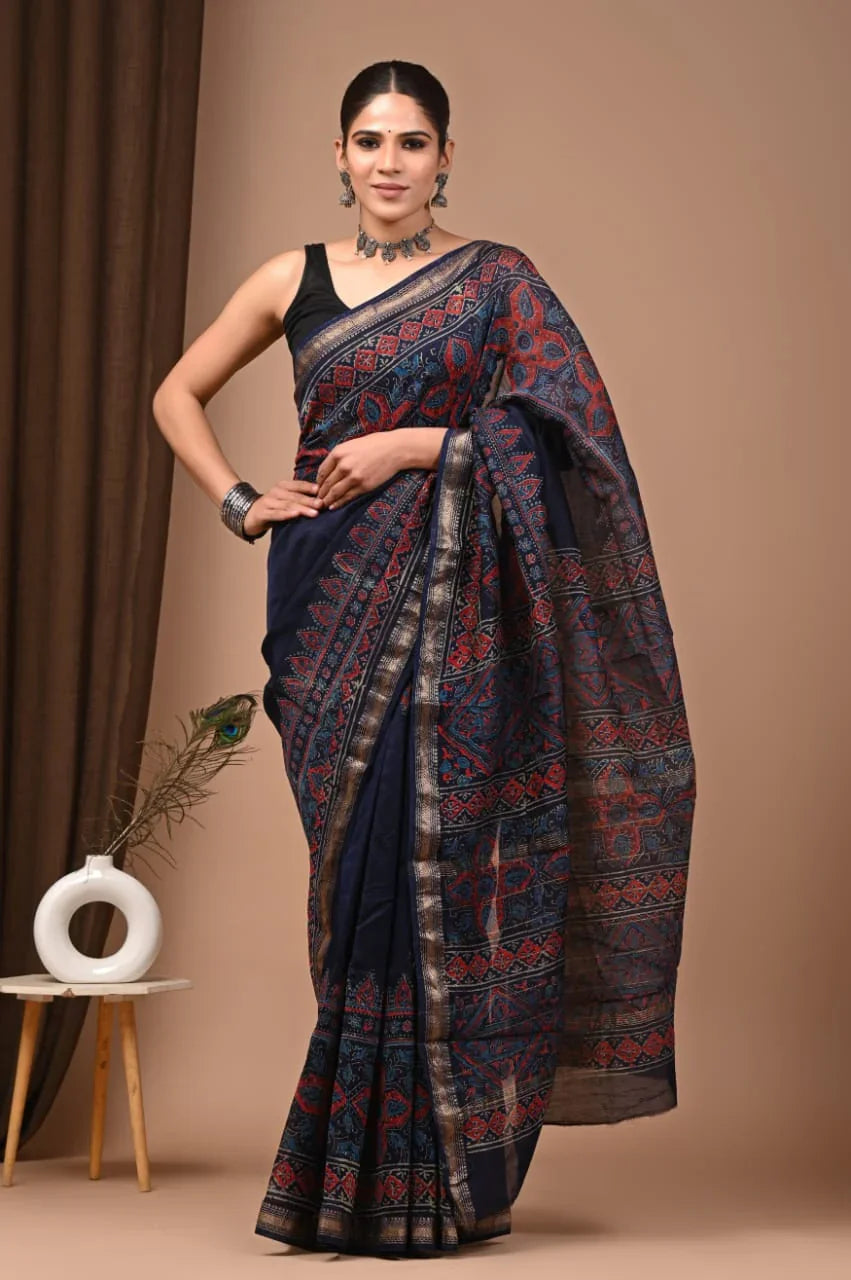 Exquisite Hand Block Printed Maheswari Silk Saree