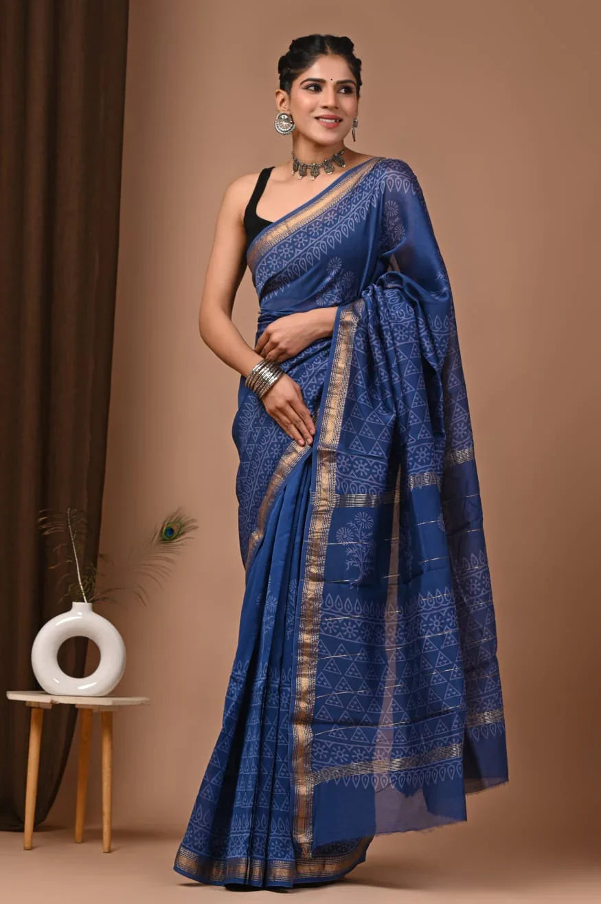Exquisite Maheshwari Silk Saree with Hand Block Print