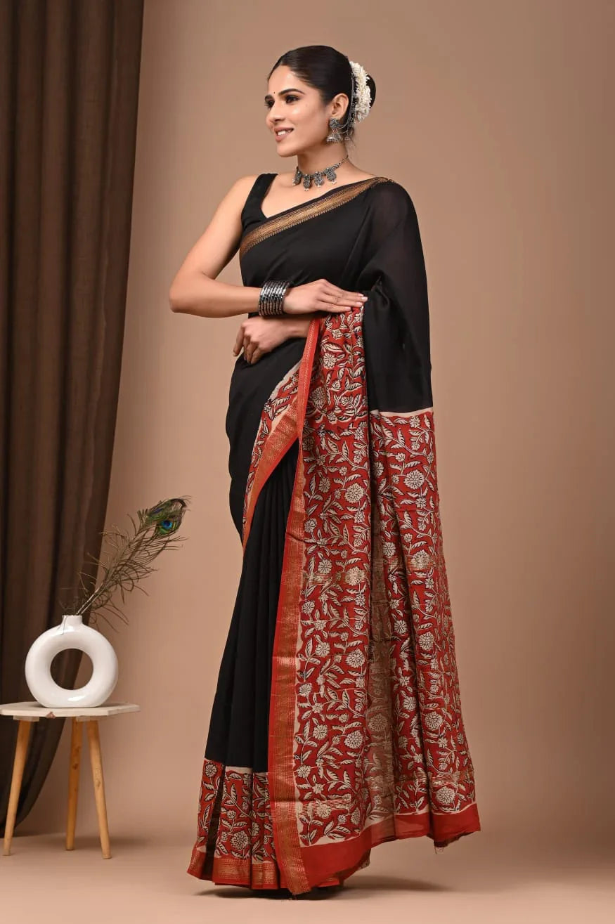 Elegant Maheswari Silk Saree with Handblock Details
