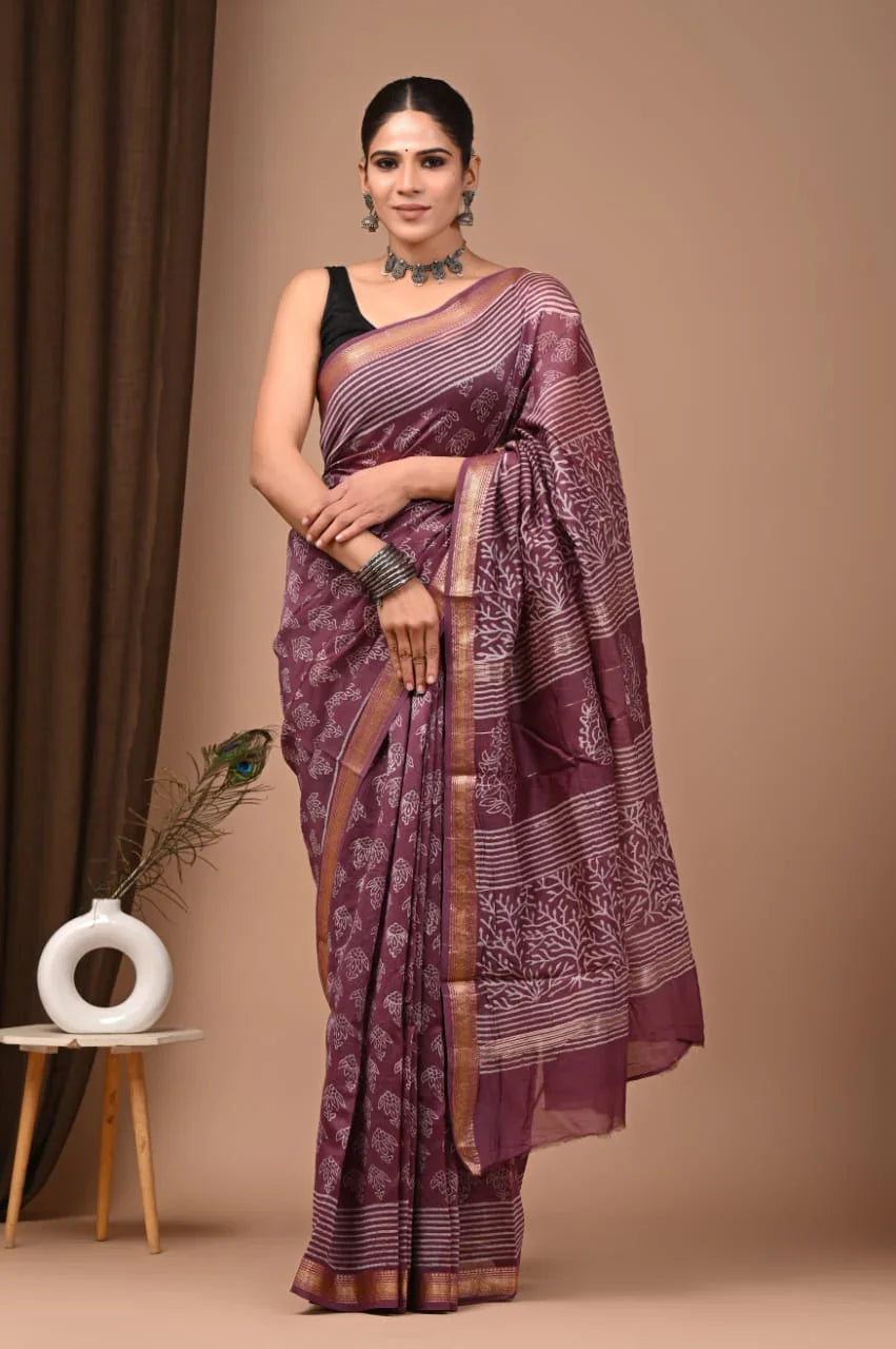Majestic Maheswari Silk Saree with Hand Block Print