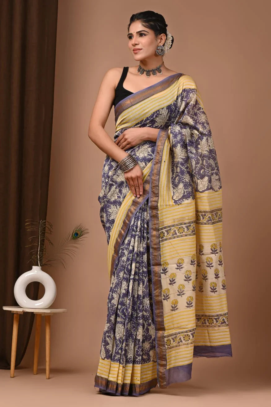 Elegant Hand Block Print Maheswari Silk Saree
