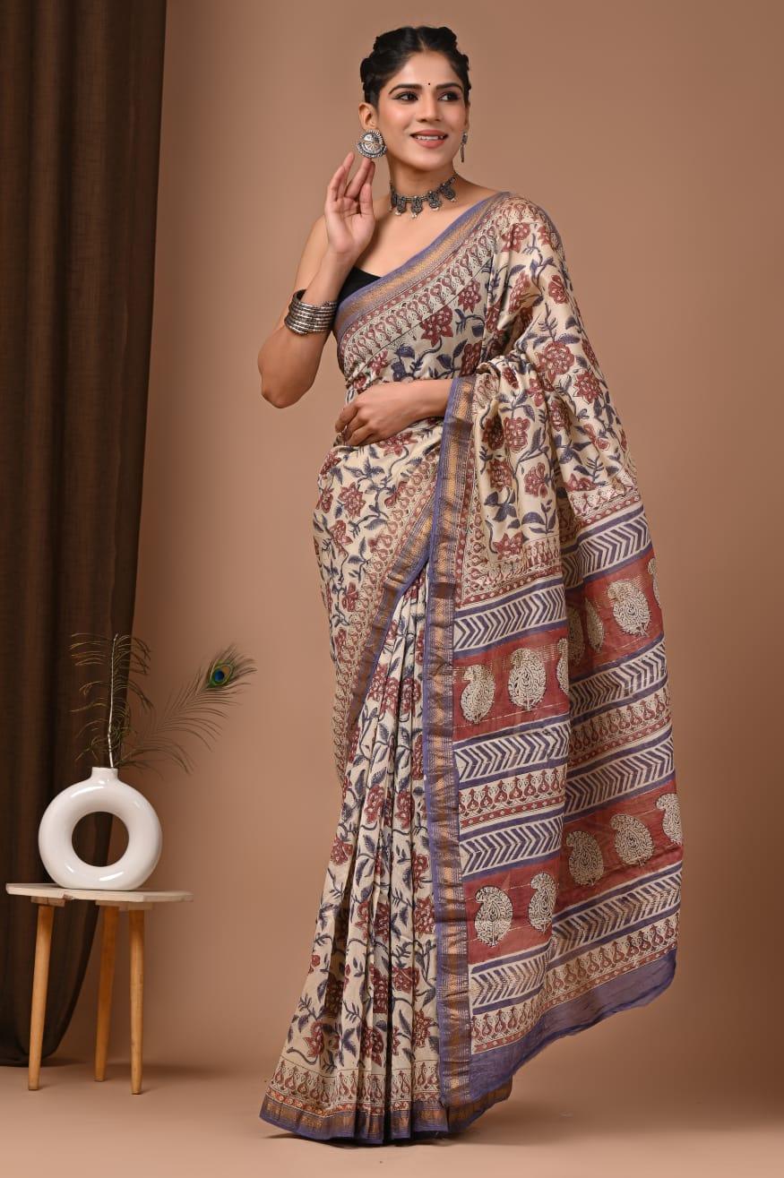 Handcrafted Maheswari Silk Saree with Block Print