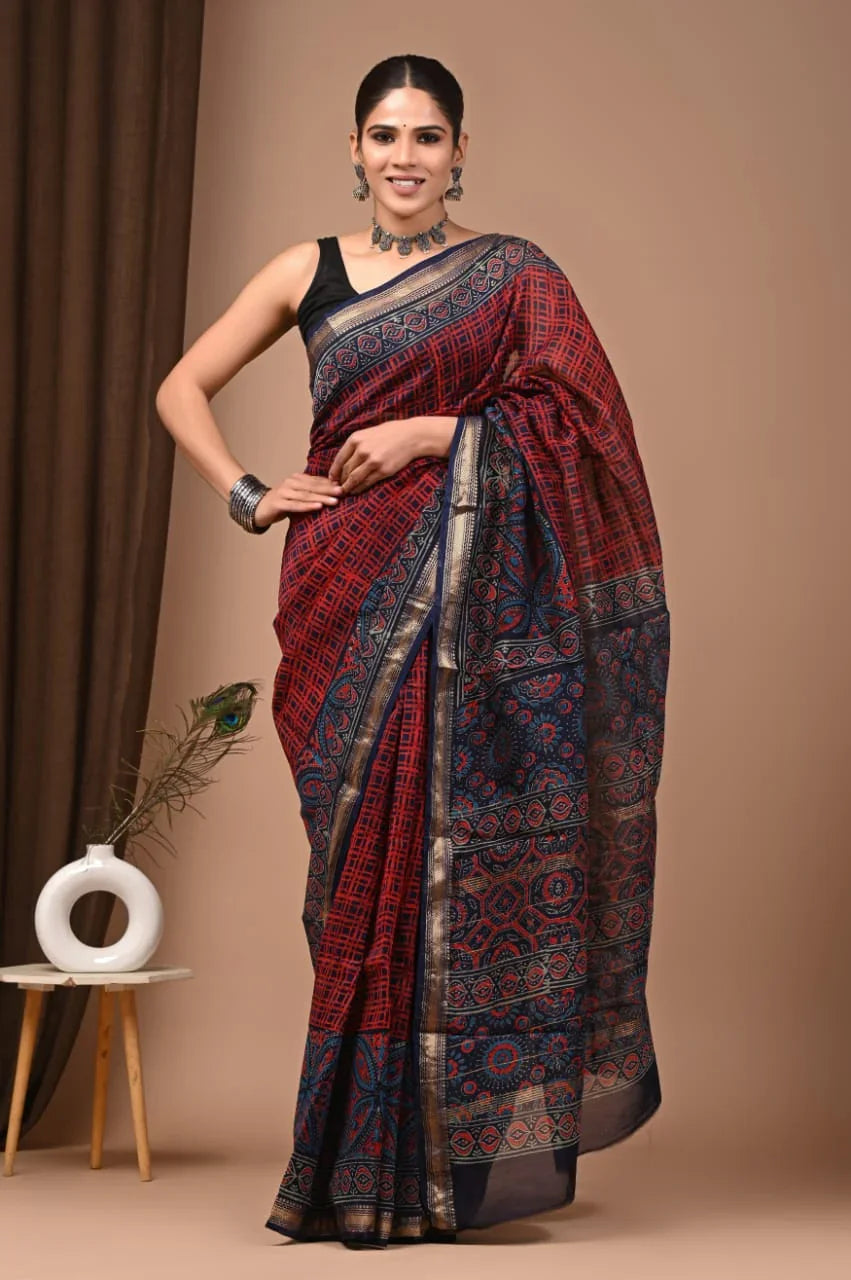 Luxurious Maheswari Silk Saree with Exquisite Hand Block Print