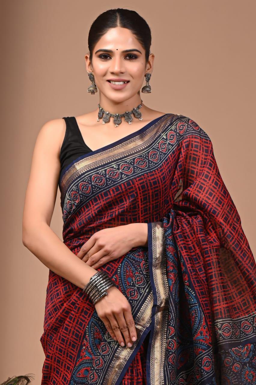 Luxurious Maheswari Silk Saree with Exquisite Hand Block Print