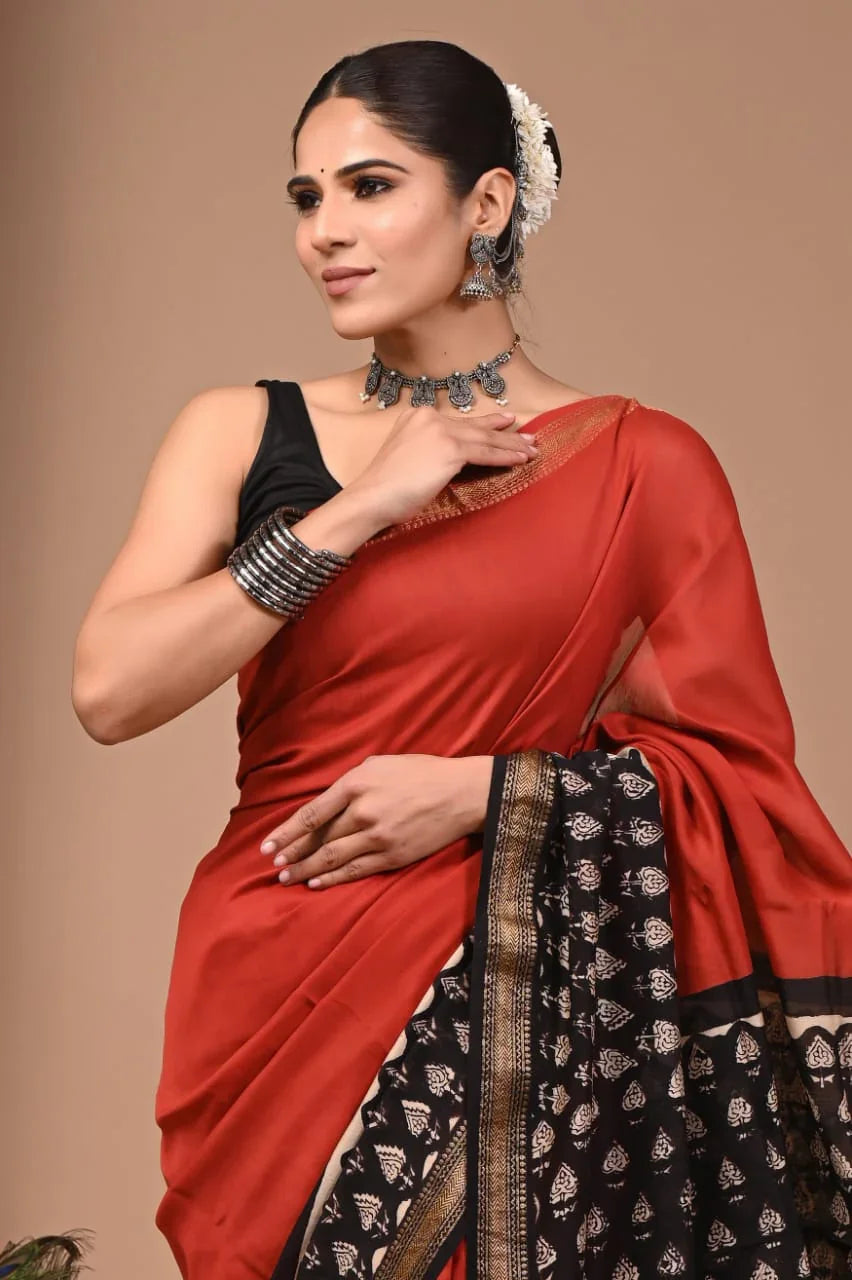 Elegant Hand Block Print Maheswari Silk Saree Online