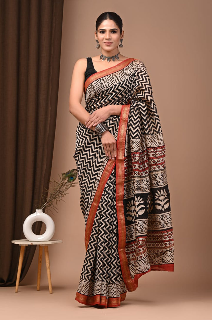 Elegant Maheswari Silk Saree with Hand Block Print