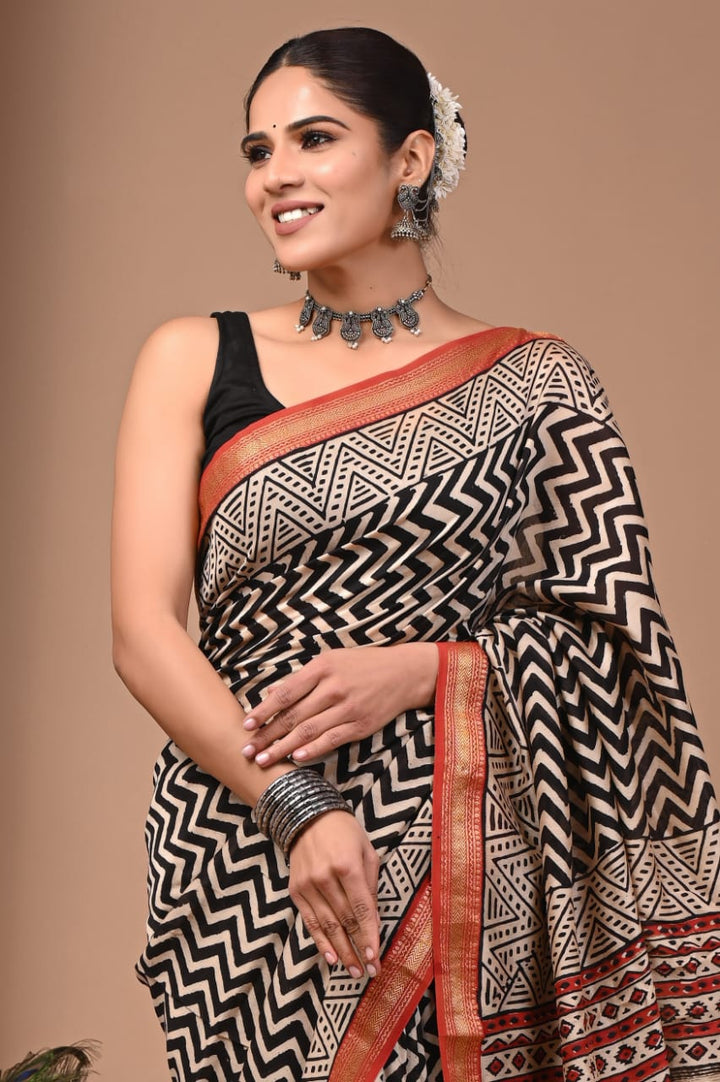 Elegant Maheswari Silk Saree with Hand Block Print