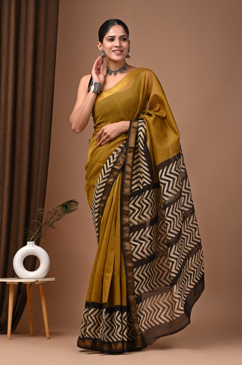 Elegant Maheswari Silk Saree with Hand Block Print