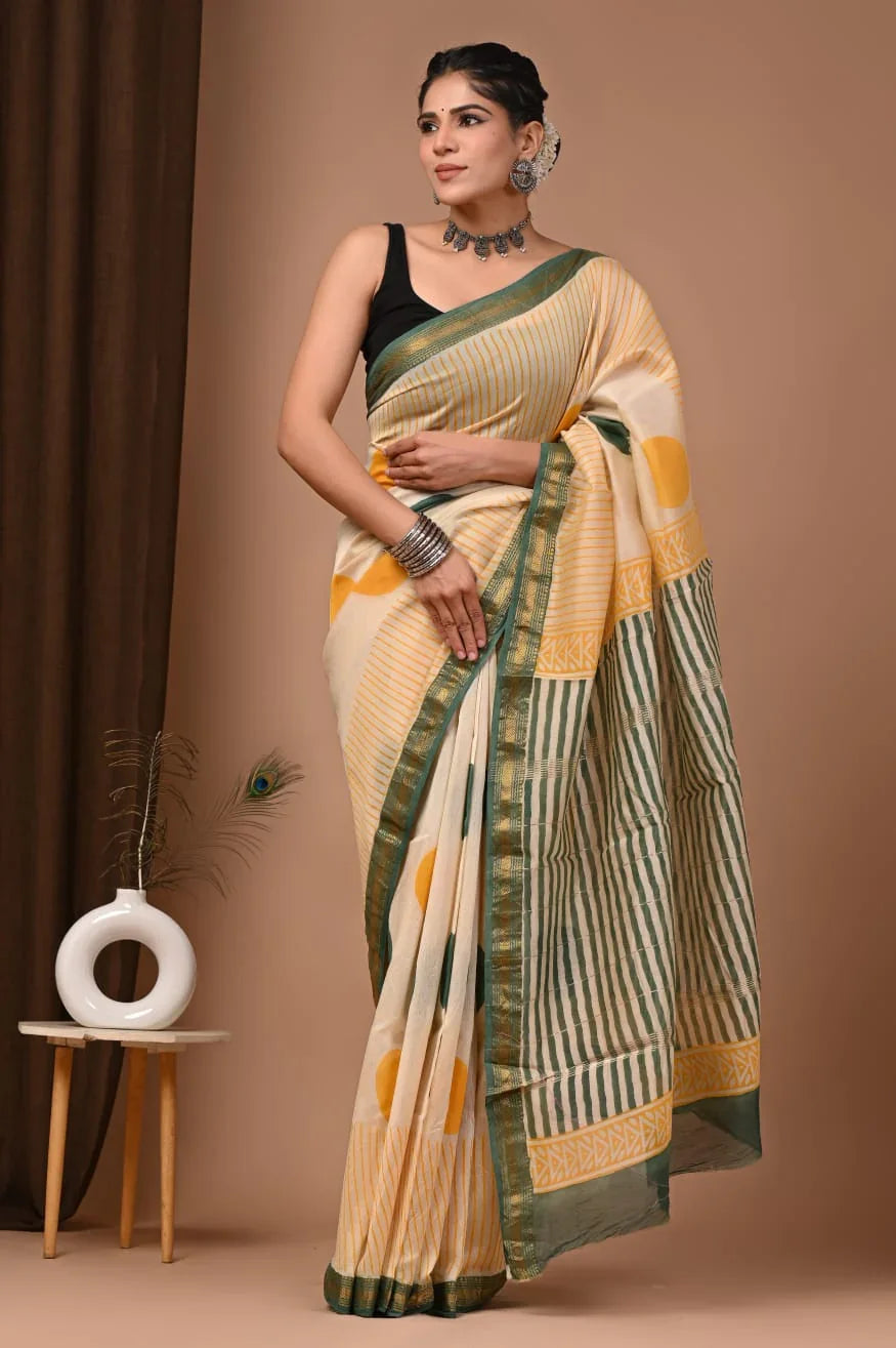 Radiant Maheswari Saree with Hand Block Print Design