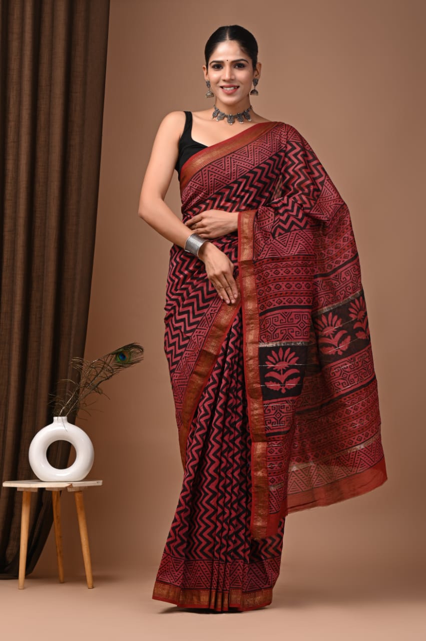 Elegant Maheswari Silk Saree with Hand Block Print