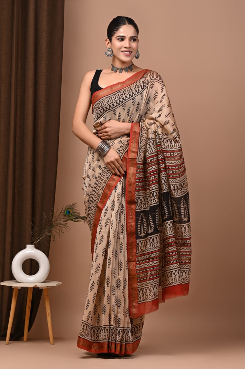 Elegant Maheswari Silk Saree with Hand Block Print