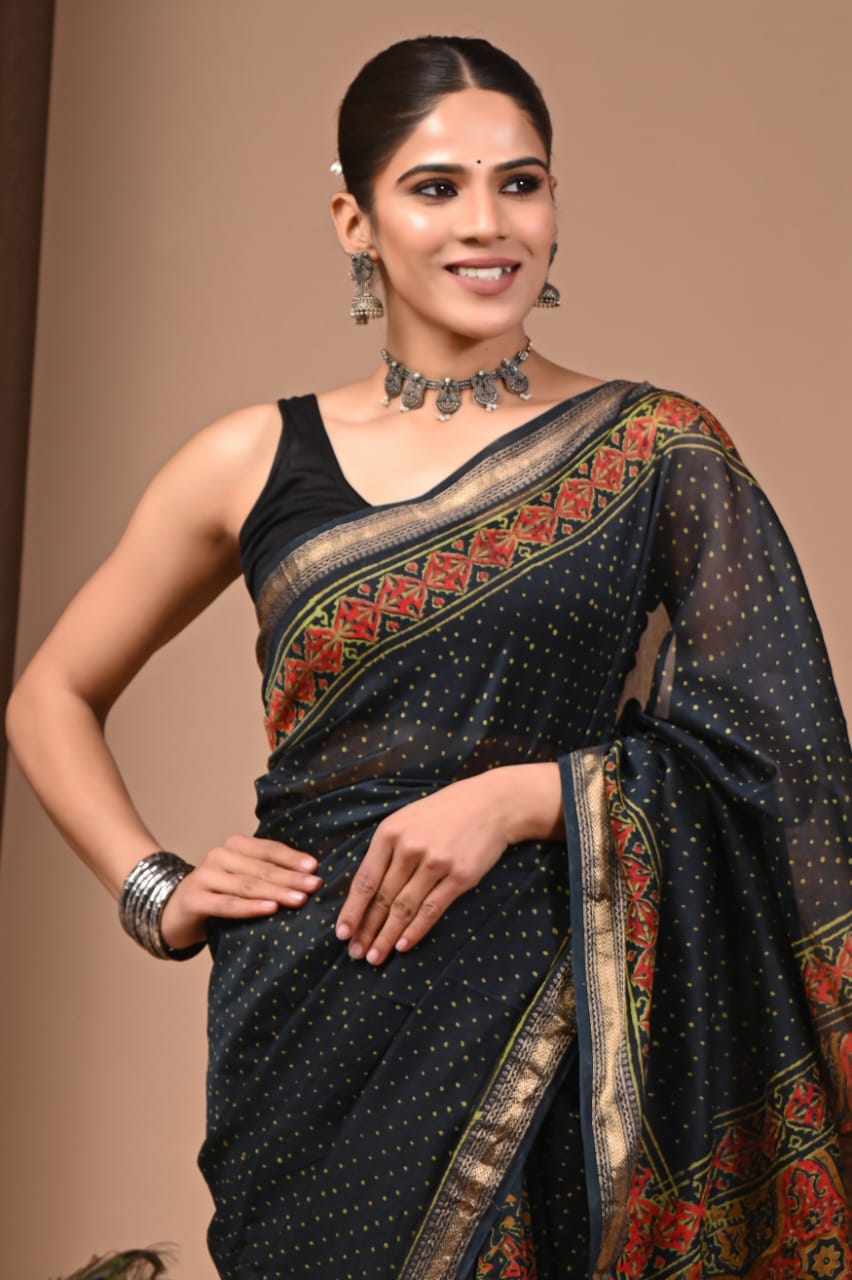 Elegant Maheswari Silk Saree with Hand Block Print