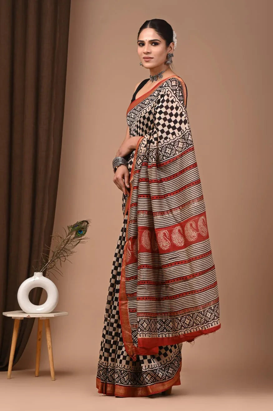 Premium Hand Block Print Maheswari Silk Saree