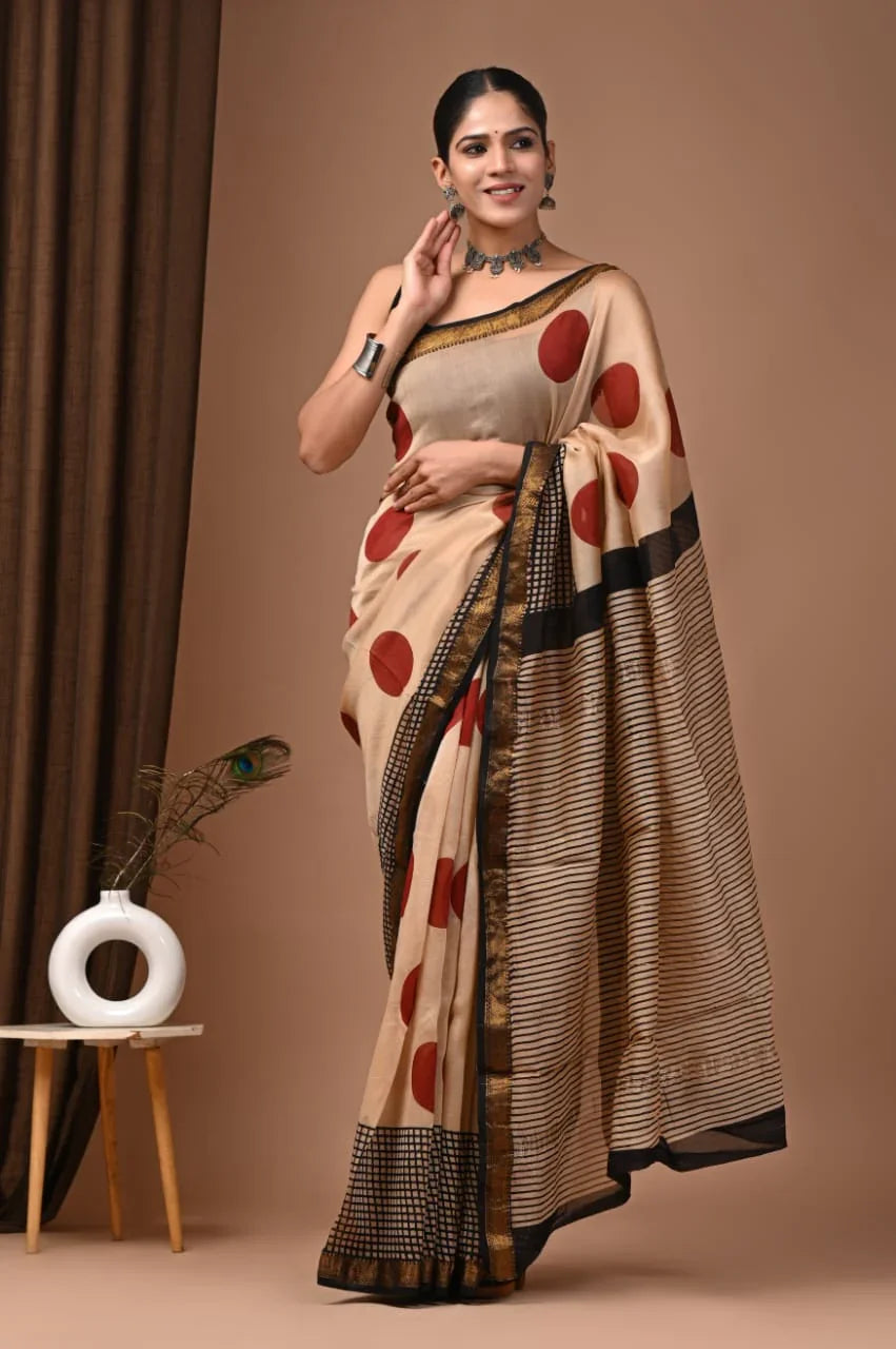 Hand Block Printed Maheswari Silk Saree - Exquisite