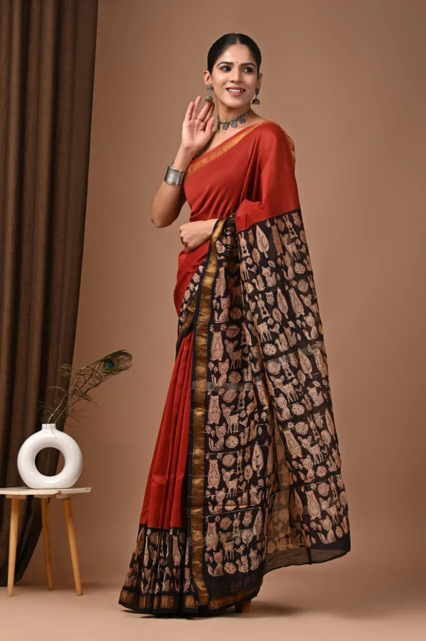 Exquisite Maheswari Silk Saree with Handblock Print