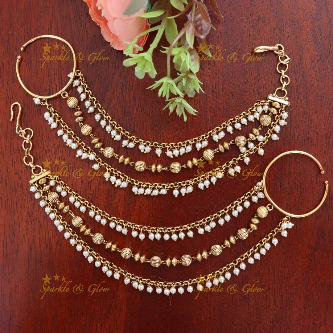 Festive Gold Ear Chains with Pearl Accents