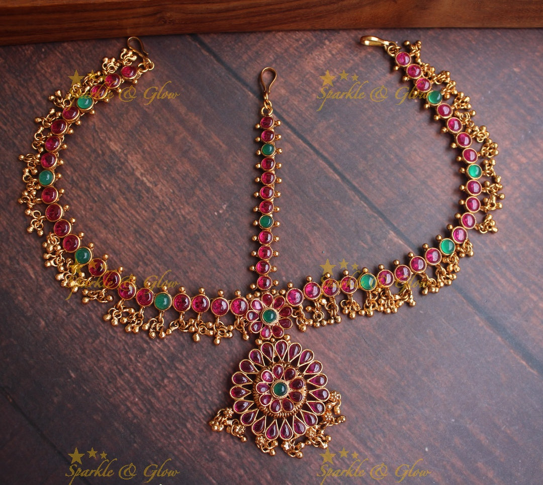 Gold alike Bridal three sided kemp maang tikka - Multi