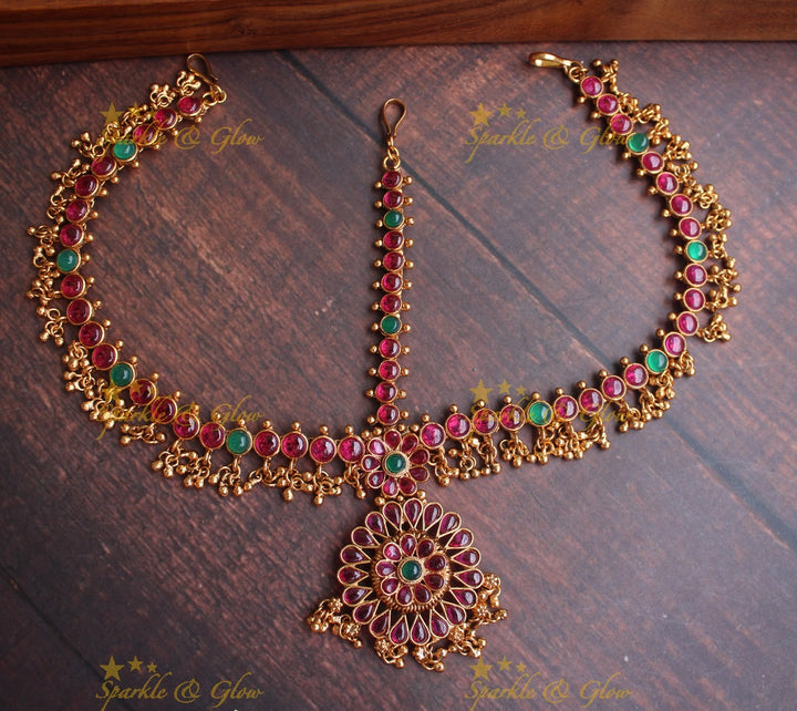 Gold alike Bridal three sided kemp maang tikka - Multi