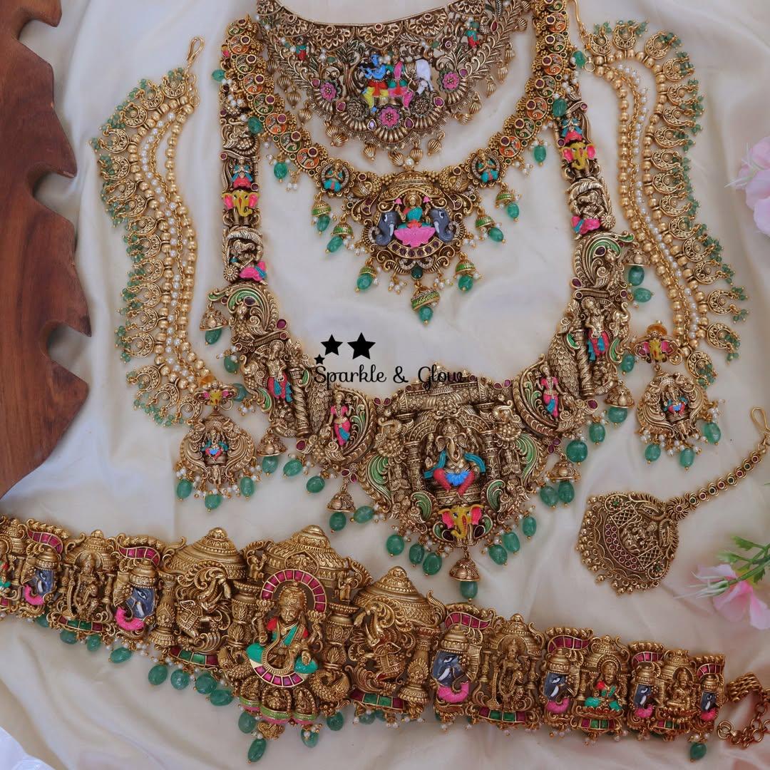 Elegant Meenakari Ganesha Temple Bridal Jewelry Set
