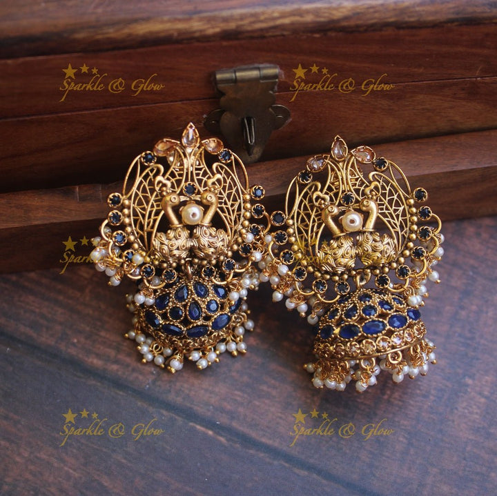 Peacock antique jhumukas with semi precious stones - Turquoise Blue - Sparkle and Glow - Blue - 