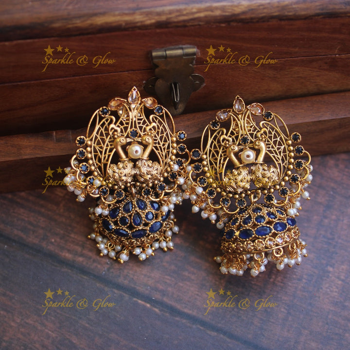 Peacock antique jhumukas with semi precious stones