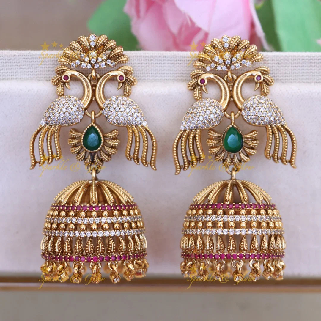 Gold Peacock Jhumka - Elegant Indian Earrings