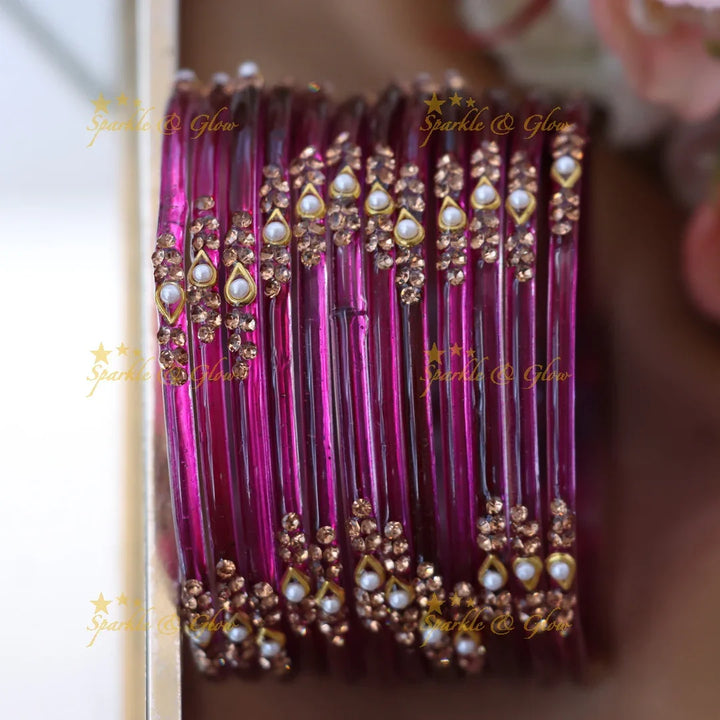 Elegant Glass Bangles with Pearl & Stone Accents