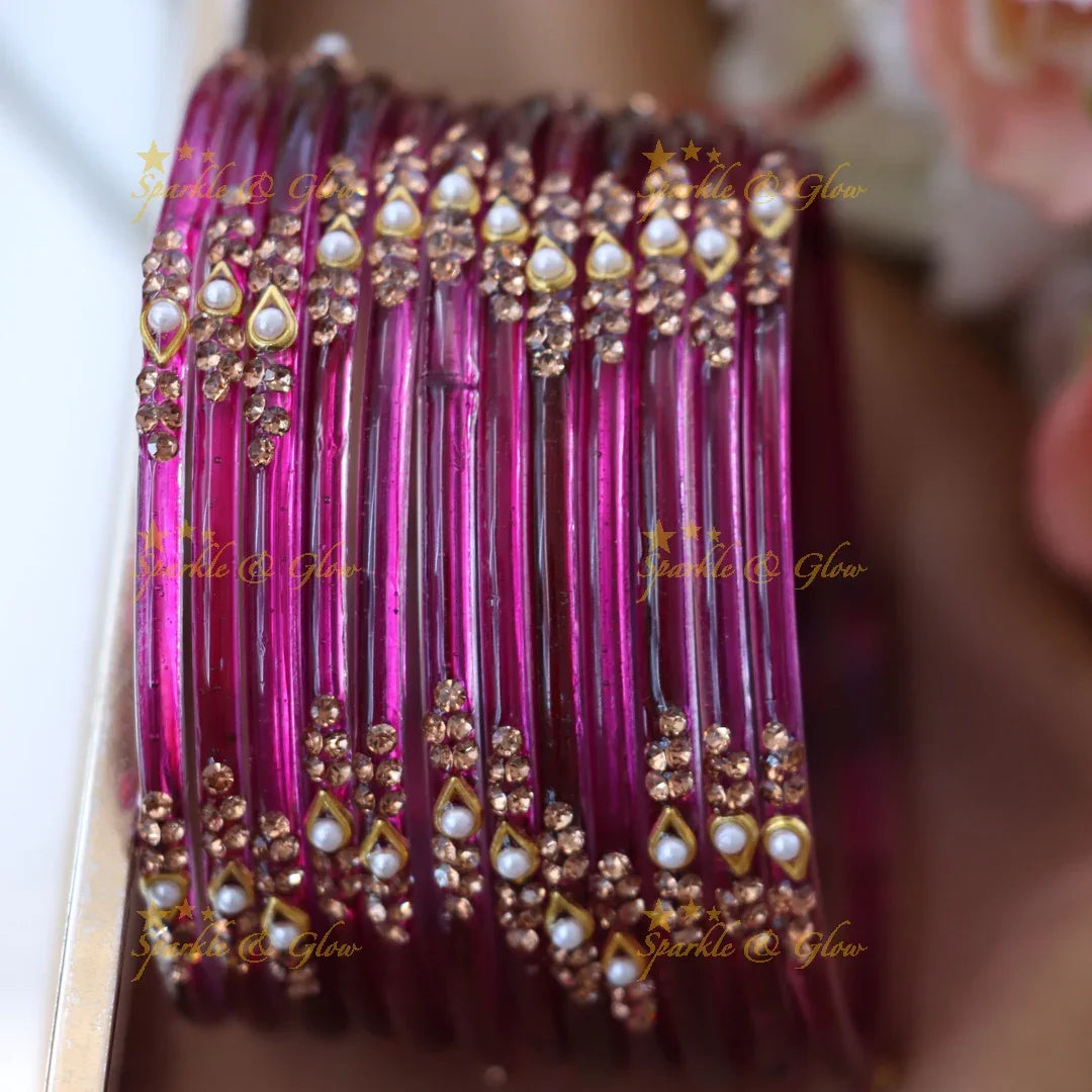 Elegant Glass Bangles with Pearl & Stone Accents