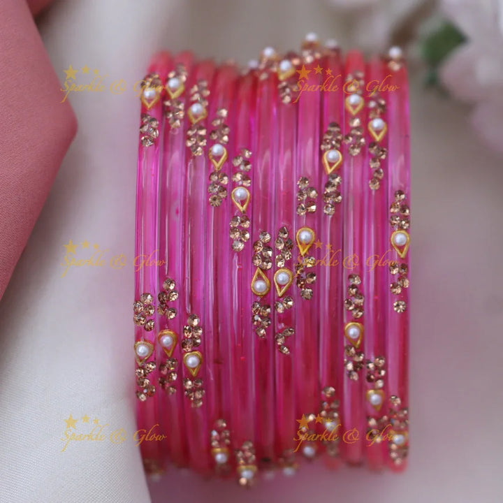 Elegant Glass Bangles with Pearl & Stone Accents