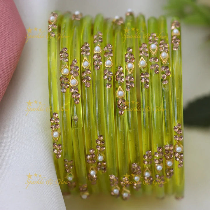 Elegant Glass Bangles with Pearl & Stone Accents