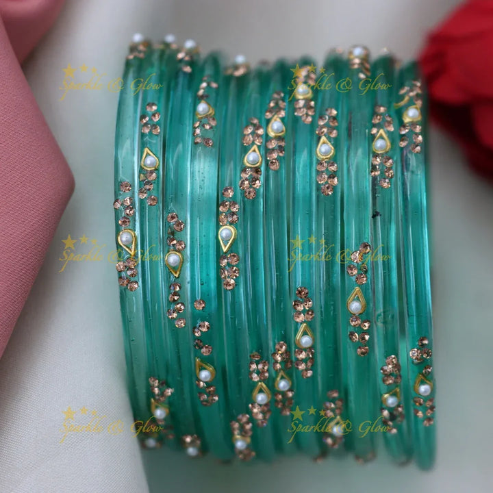 Elegant Glass Bangles with Pearl & Stone Accents