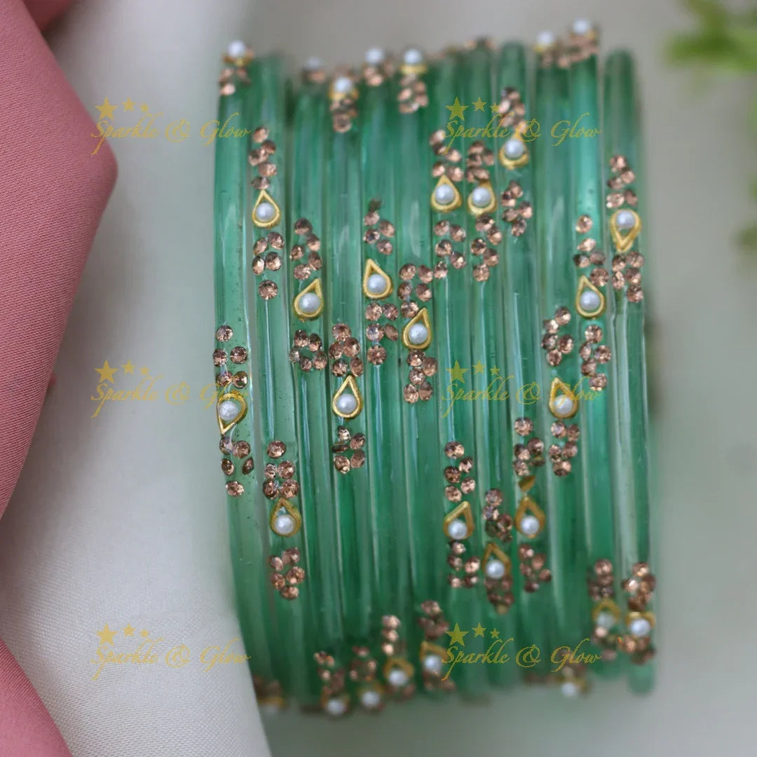 Elegant Glass Bangles with Pearl & Stone Accents