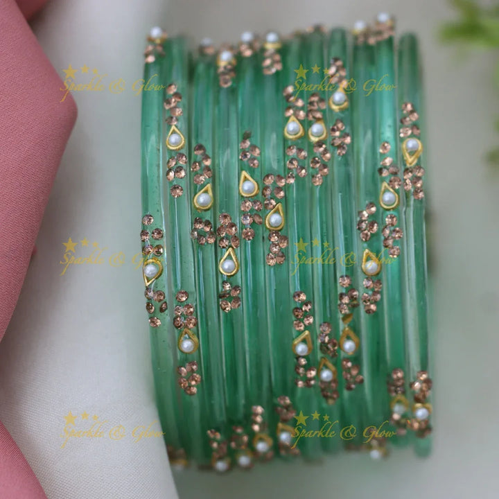 Elegant Glass Bangles with Pearl & Stone Accents