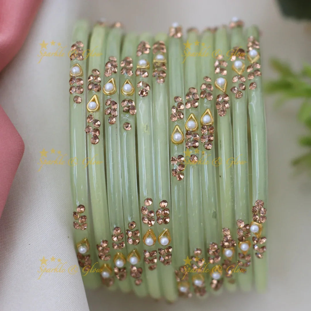 Elegant Glass Bangles with Pearl & Stone Accents