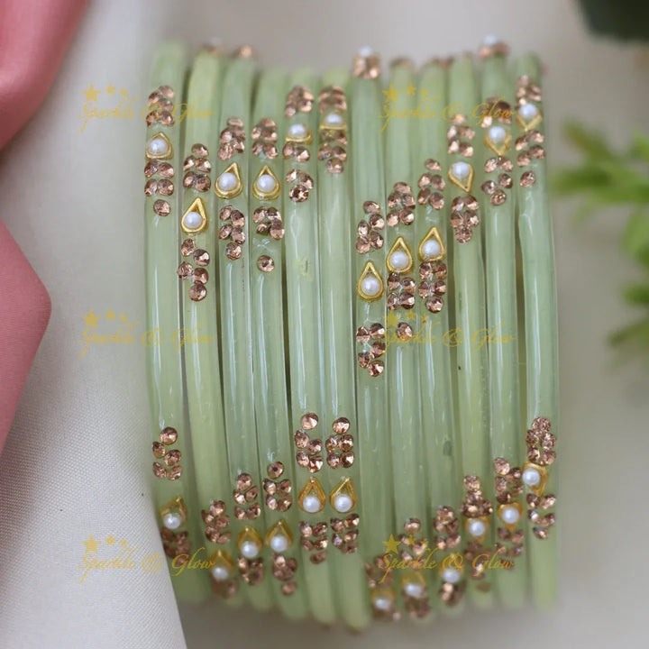 Elegant Glass Bangles with Pearl & Stone Accents