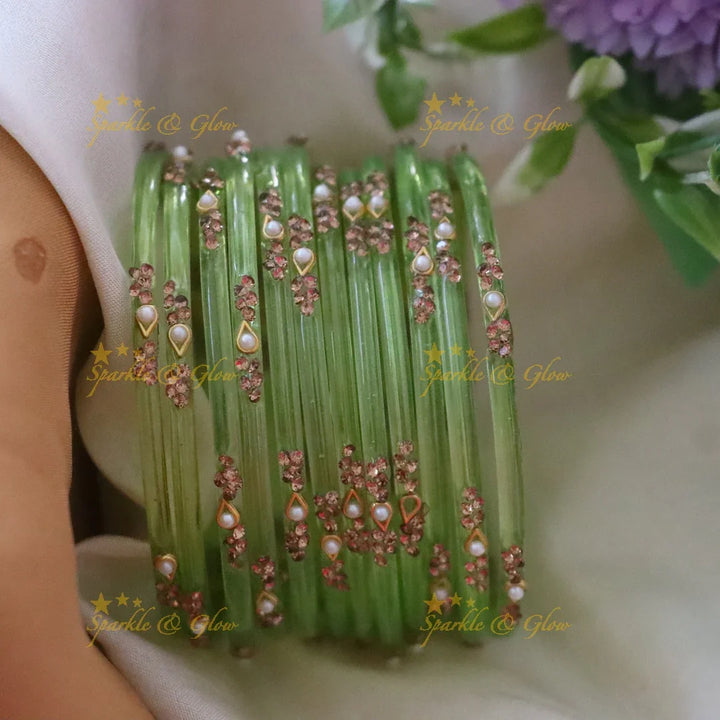 Elegant Glass Bangles with Pearl & Stone Accents