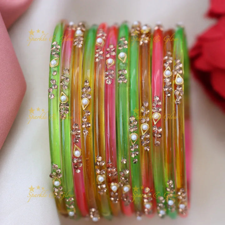 Elegant Glass Bangles with Pearl & Stone Accents