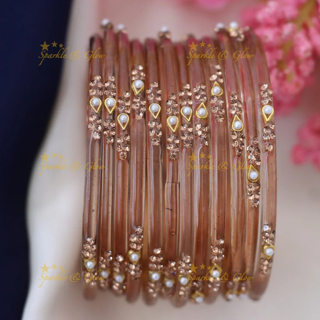 Elegant Glass Bangles with Pearl & Stone Accents