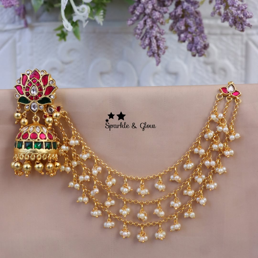 Exquisite Jadau Kundan Lotus Earring & Earchain Combo