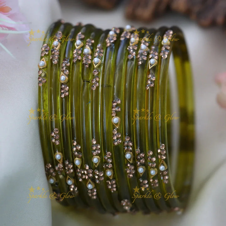 Elegant Glass Bangles with Pearl & Stone Accents