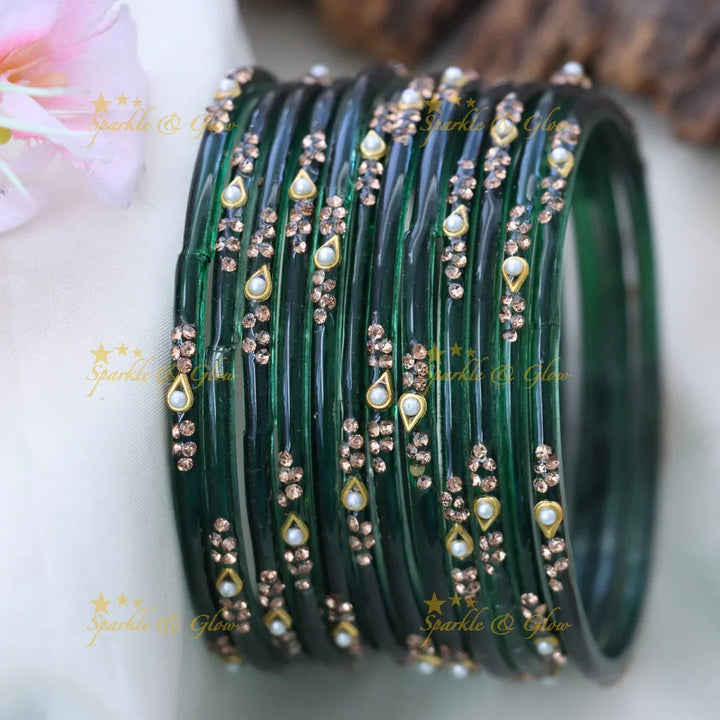 Elegant Glass Bangles with Pearl & Stone Accents