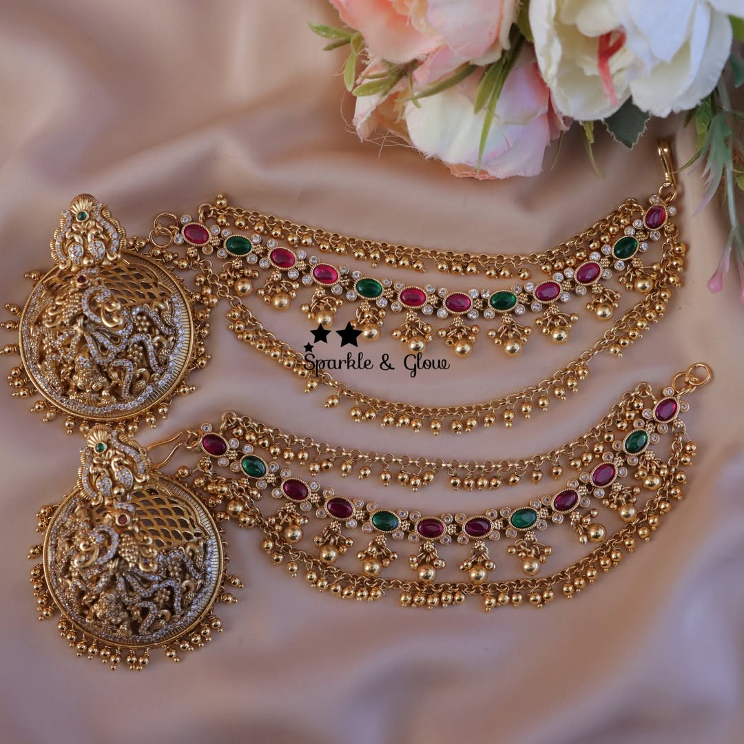 Lakshmi Peacock Earrings & Earchain Set - Elegant Combo