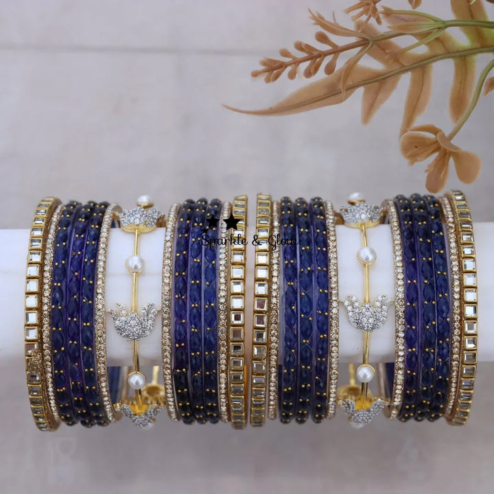 Elegant Lotus Floral Bridal Bangle Set in Blue