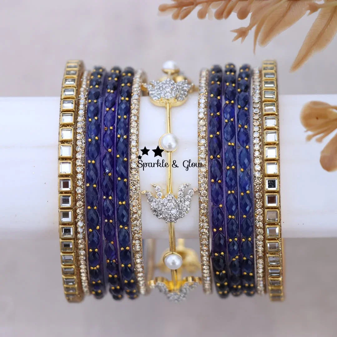 Elegant Lotus Floral Bridal Bangle Set in Blue
