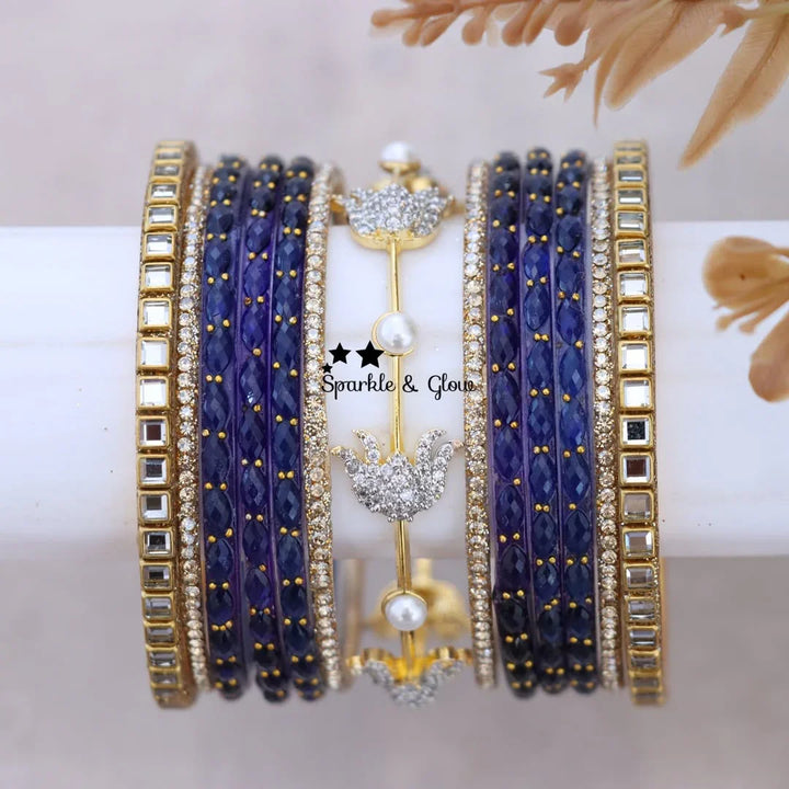 Elegant Lotus Floral Bridal Bangle Set in Blue