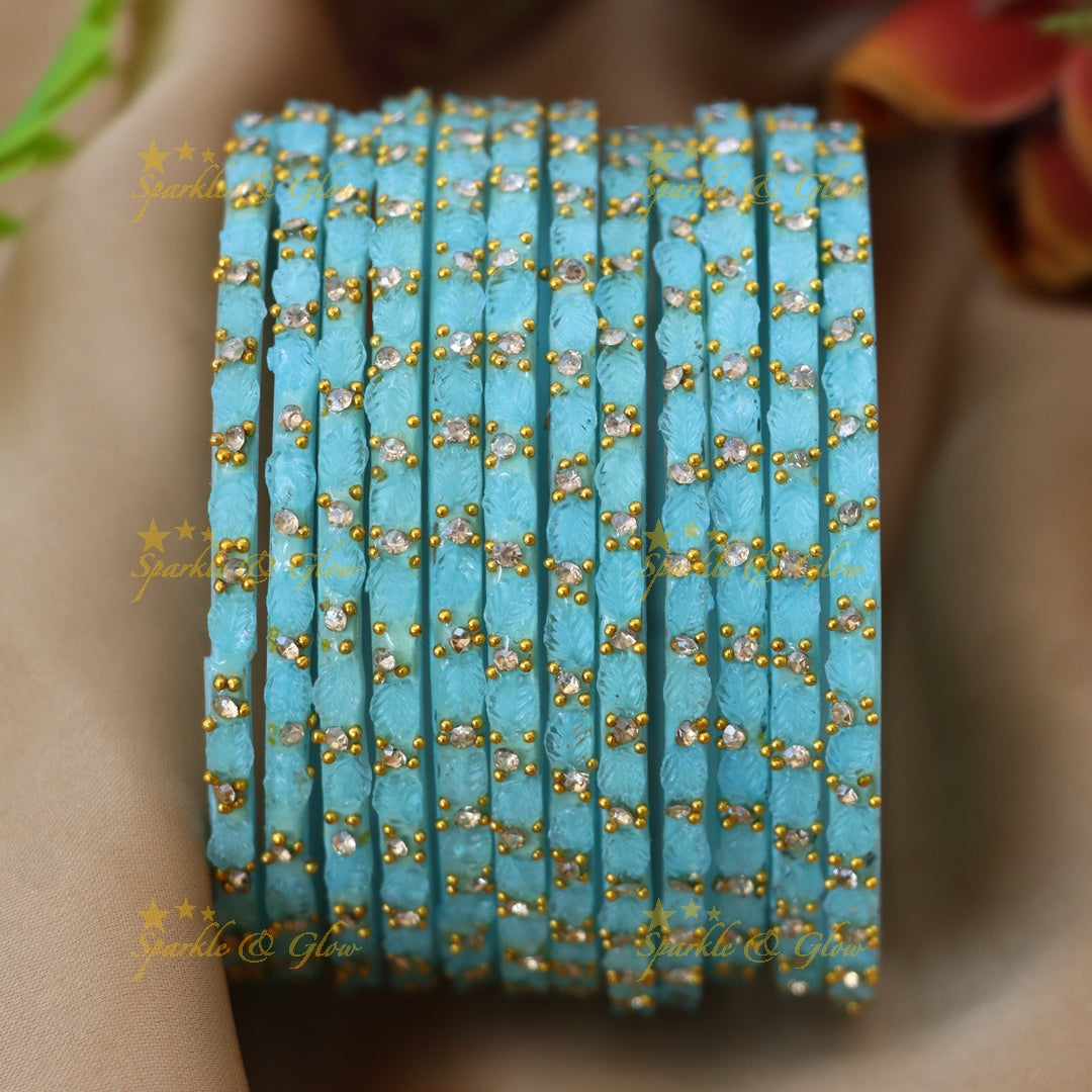 Vintage Leaf-Patterned Stone Glass Bangles Set