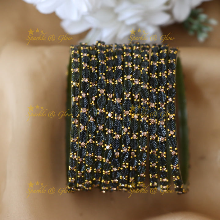 Vintage Leaf-Patterned Stone Glass Bangles Set