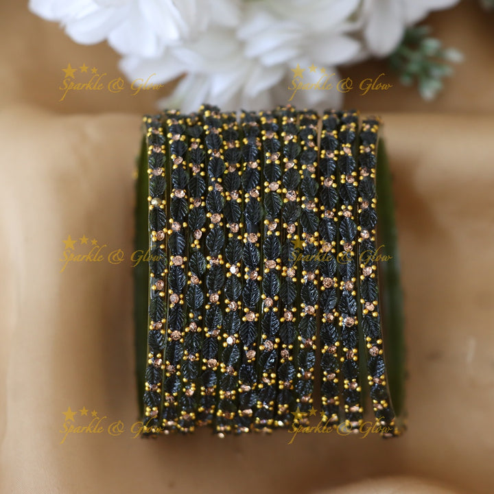 Vintage Leaf-Patterned Stone Glass Bangles Set