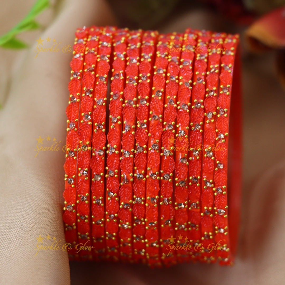 Vintage Leaf-Patterned Stone Glass Bangles Set