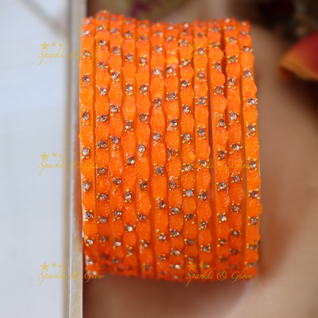 Vintage Leaf-Patterned Stone Glass Bangles Set
